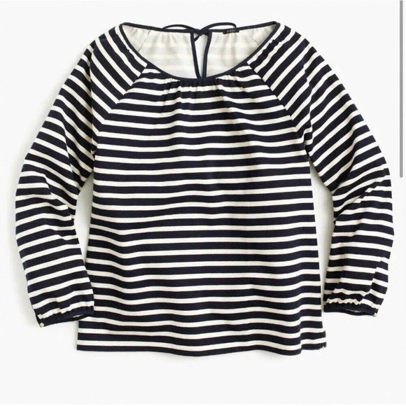 J Crew Top Small Navy White Striped Peasant Classic Nautical Coastal Vacation - Picture 2 of 15